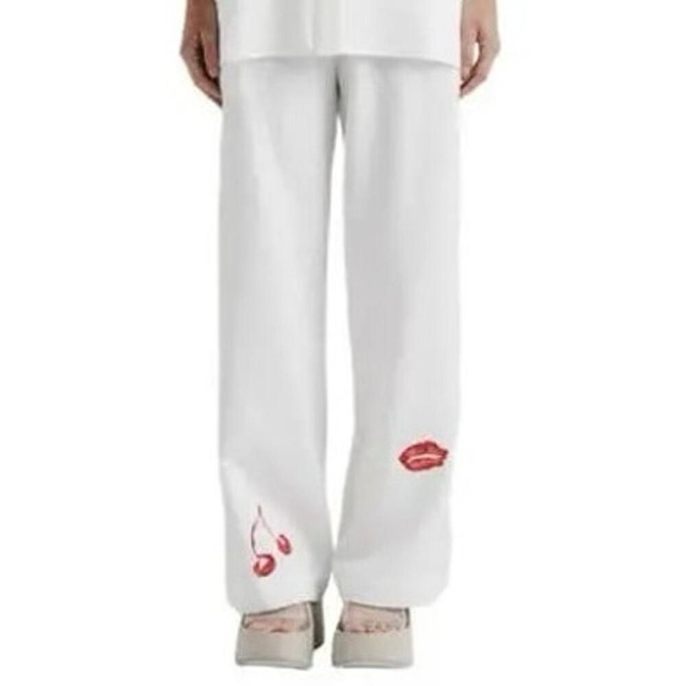 ROMY White Red Cherry Lips Embroidered Drawstring Loose Fit Pants size Medium